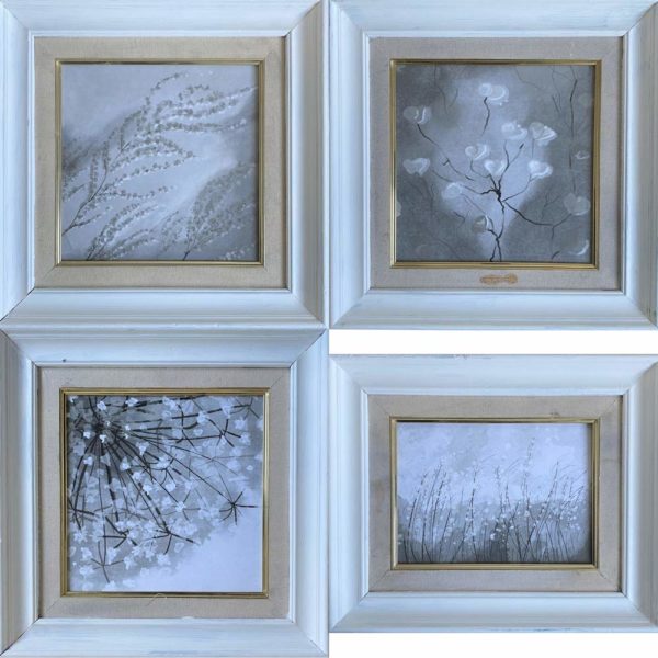 Colección de pinturas florales con tonos blancos y beige