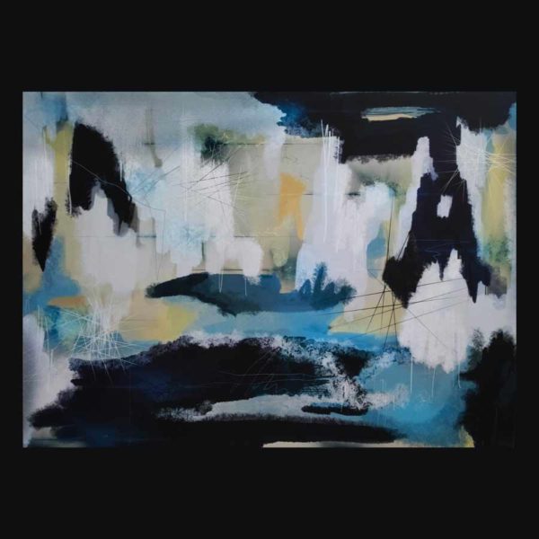 Pintura abstracta de tachones en pintura con blanco, negro, azul y amarillo