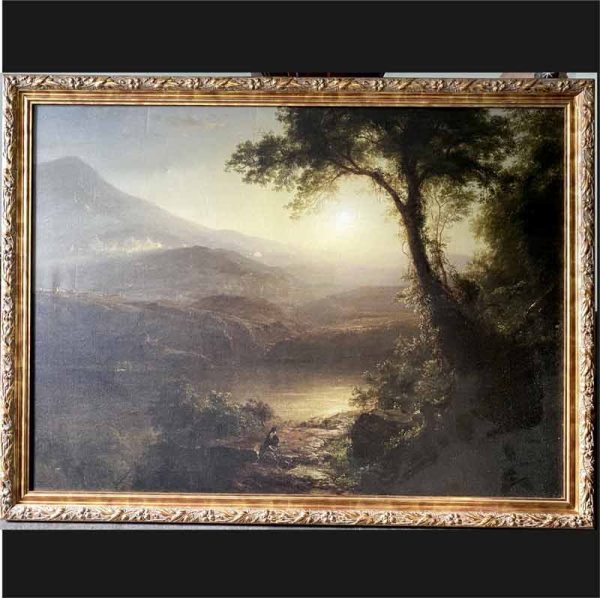 Pintura antigua de paisaje con árbol a la derecha y montañas a la izquierda