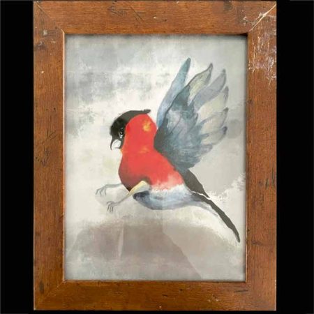 Pintura de colibrí rojo con alas grises y pico negro