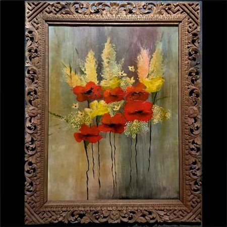 Pintura con técnica de óleo de un ramo de flores rojas y amarillas